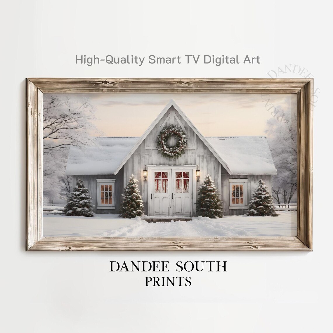 White Christmas Farmhouse Snowy Porch Wreath Holiday Winter Wall Art