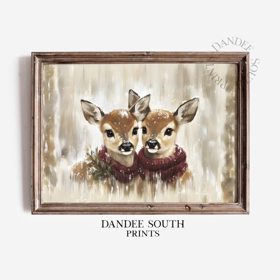Two Baby Deer in Red Scarves Falling Snow Christmas Oil Painting Poster