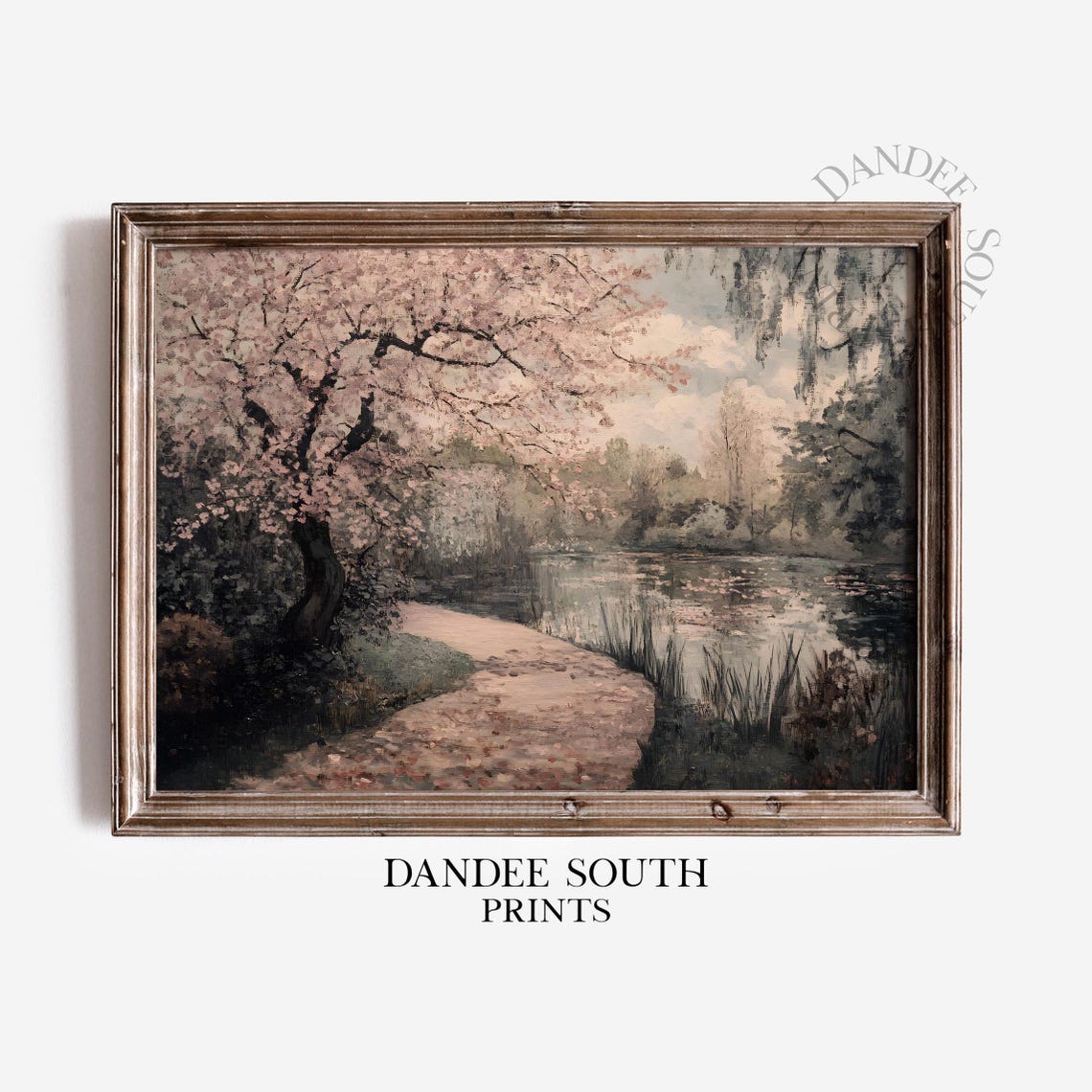 Cherry Blossom Lakeside Path Vintage Landscape Painting Art Print