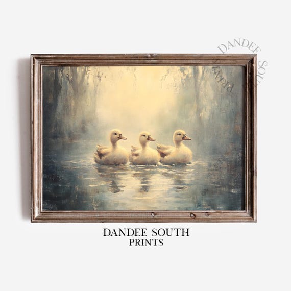 Cute Ducks Wall Art Vintage Oil Painting Lake Landscape Nature And Wildlife Print 279