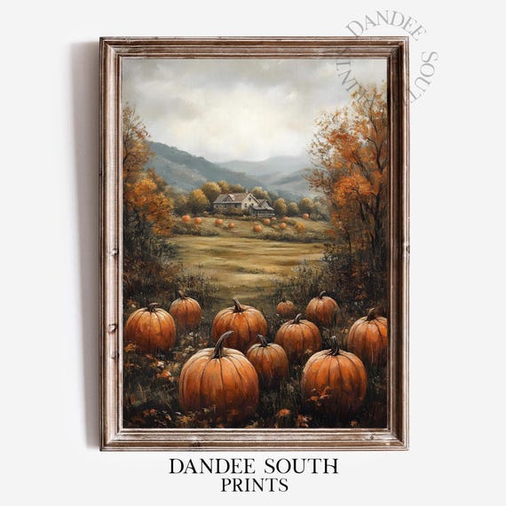 Fall Landscape Wall Art Vintage Autumn Pumpkins Country Farmhouse Oil Painting Thanksgiving Decor 580
