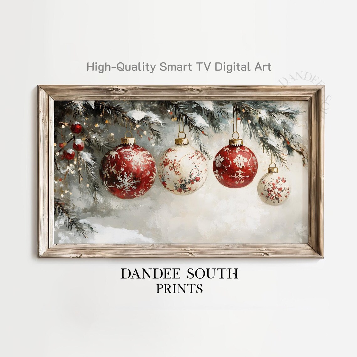 Classic Red Toile Christmas Ornaments On Snowy Branches Digital Wall Art