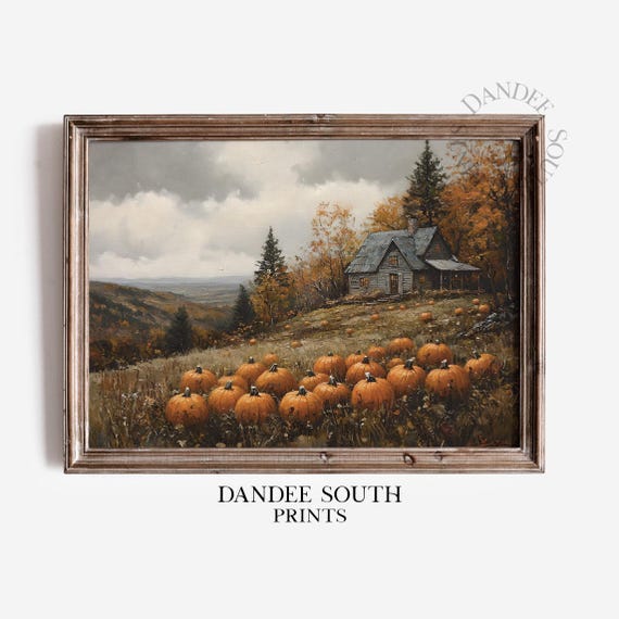 Fall Farmhouse Landscape Painting Autumn Wall Art Pumpkins Vintage Decor 560