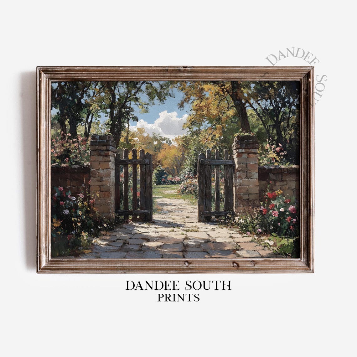 Stone Garden Gate Sunlit Courtyard Vintage Floral Path Painting Poster