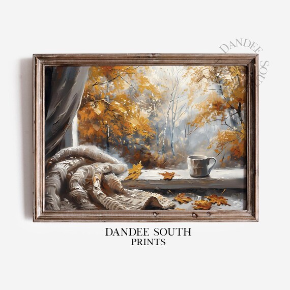 Cozy Fall Window View Art Print, Rustic Neutral
