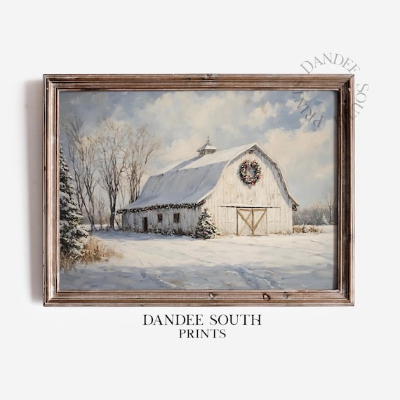 Snowy White Barn with Christmas Wreath Winter Farmhouse Art Print
