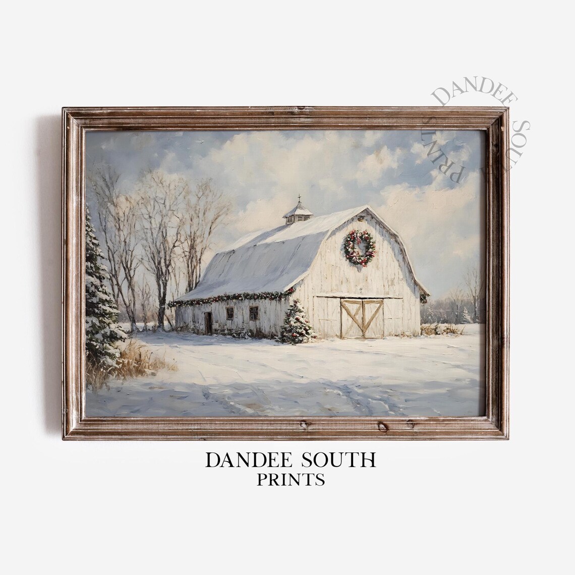 Snowy White Barn with Christmas Wreath Winter Farmhouse Art Print