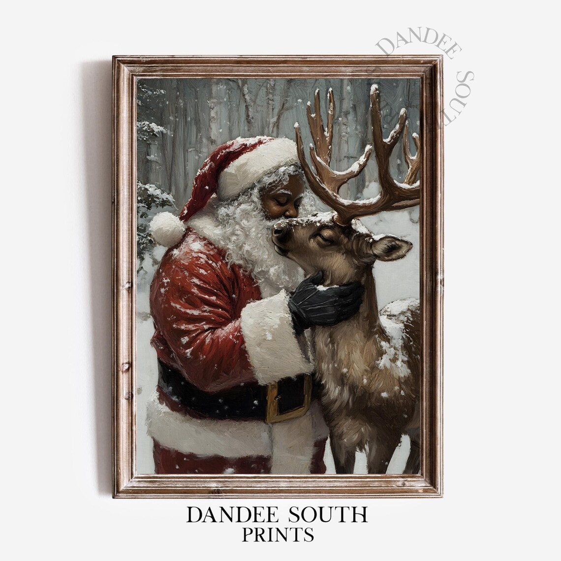 Black Santa Embracing Reindeer in Snowfall Christmas Oil Painting Poster