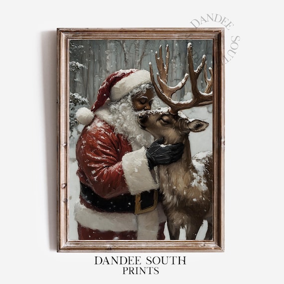 Black Santa Embracing Reindeer in Snowfall Christmas Oil Painting Poster