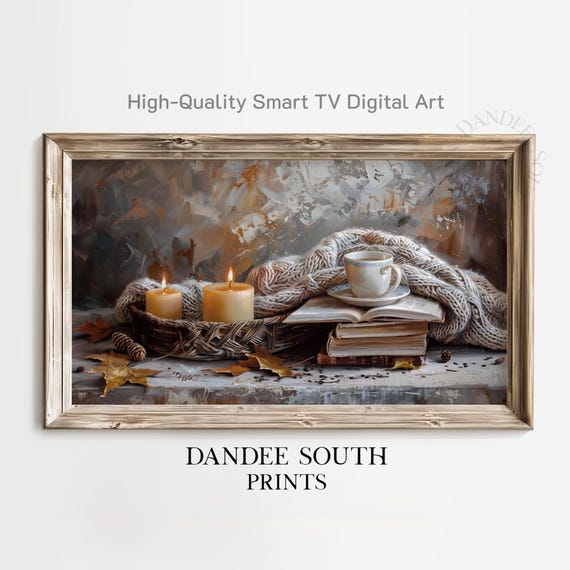 Fall Books And Coffee Tv Art For Frame Smart Vintage Autumn Painting Cozy Home Decor Tv109