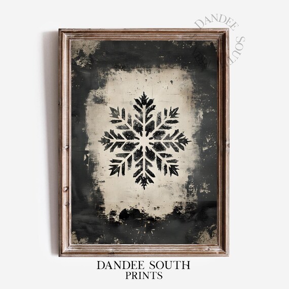 Distressed Black Snowflake Cream Vintage Winter Christmas Poster