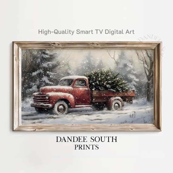 Vintage Red Christmas Truck Snowy Tree Farmhouse Winter Poster
