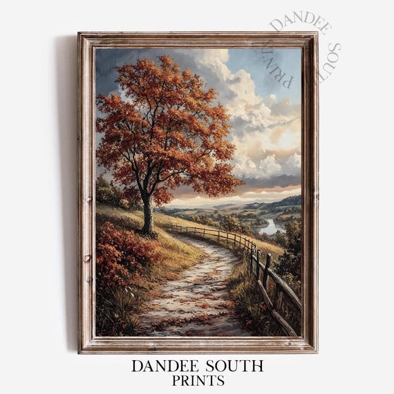 Fall Landscape Wall Art Vintage Autumn Country Oil Painting Rustic Thanksgiving Decor 578