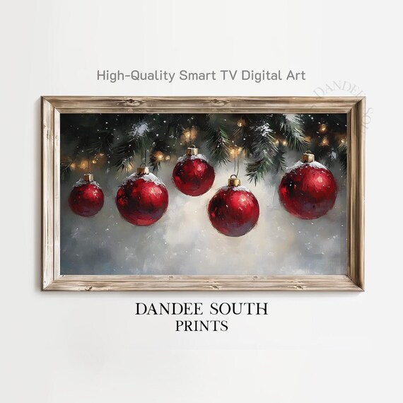Snowy Red Christmas Baubles Painted Holiday Mantel Art Print