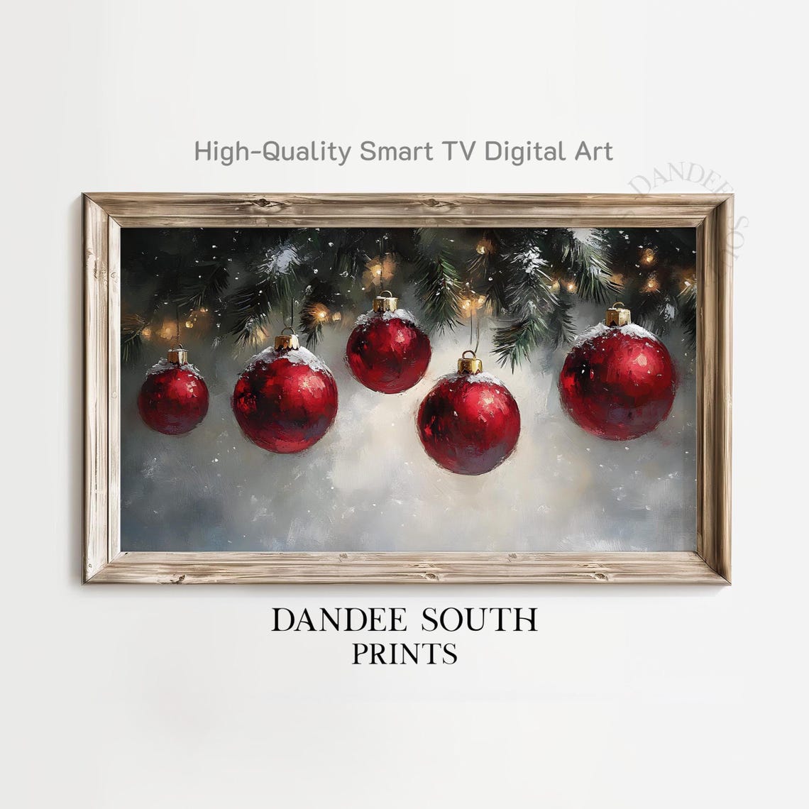Snowy Red Christmas Baubles Painted Holiday Mantel Art Print