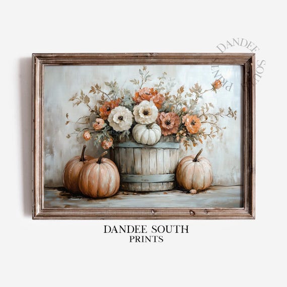 Rustic Fall Wall Art Autumn Wildflowers And Pumpkins Print Flower Bucket Home Decor 602