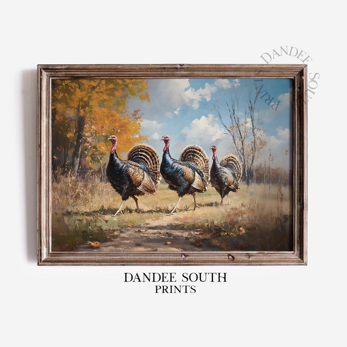 Fall Wall Art Rustic Autumn Landscape With Turkeys Print Vintage Thanksgiving 614
