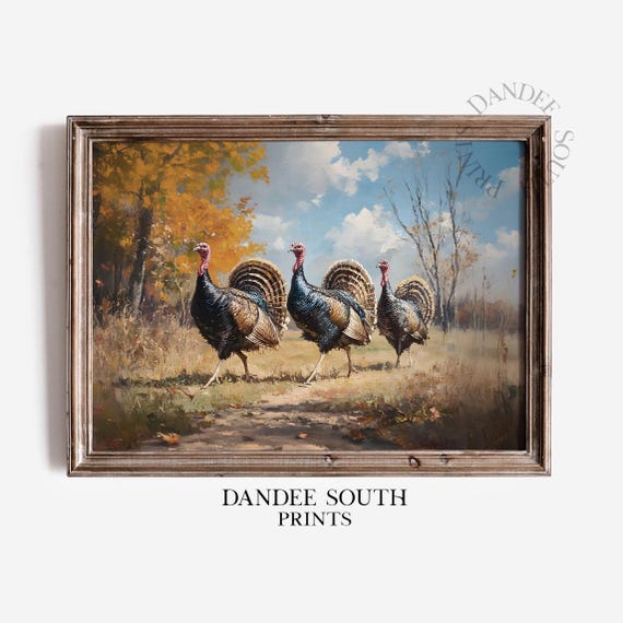 Fall Wall Art Rustic Autumn Landscape With Turkeys Print Vintage Thanksgiving 614