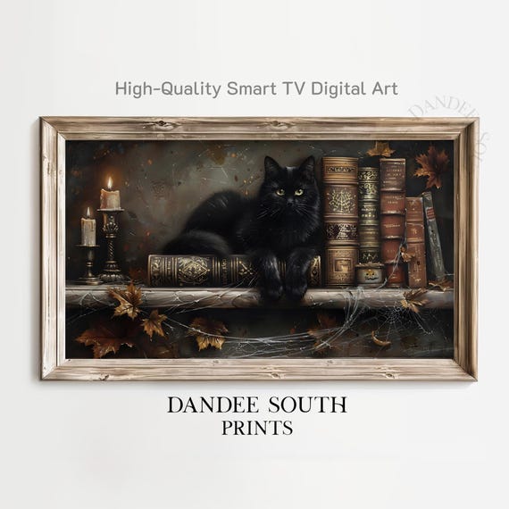 Halloween Tv Art For Framestyle Tvs Smart Black Cat On Bookshelf Painting Spooky Fall Home Decor Tv114