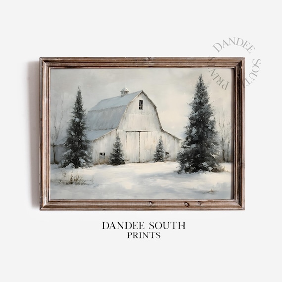 Snowy Winter Barn Vintage Farmhouse Christmas Landscape Poster