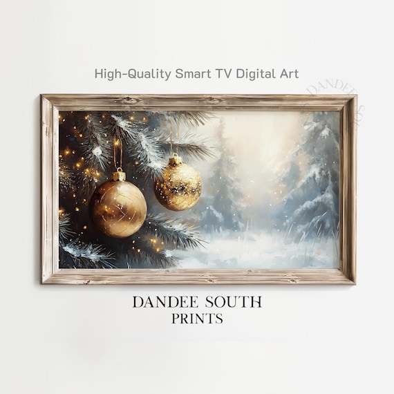 Golden Christmas Ornaments On Snowy Pine Branches Winter Digital Print