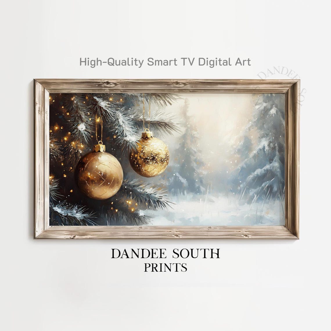 Golden Christmas Ornaments On Snowy Pine Branches Winter Digital Print