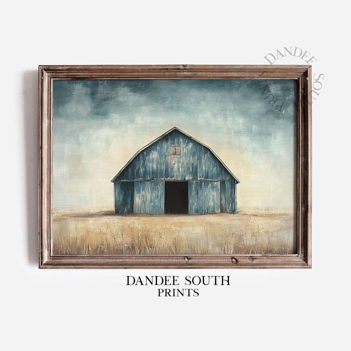 Blue Barn Golden Wheat Field Stormy Sky Vintage Farm Painting Wall Art
