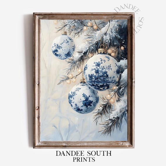 Blue Toile Christmas Ornaments, Chinoiserie Holiday Art Print