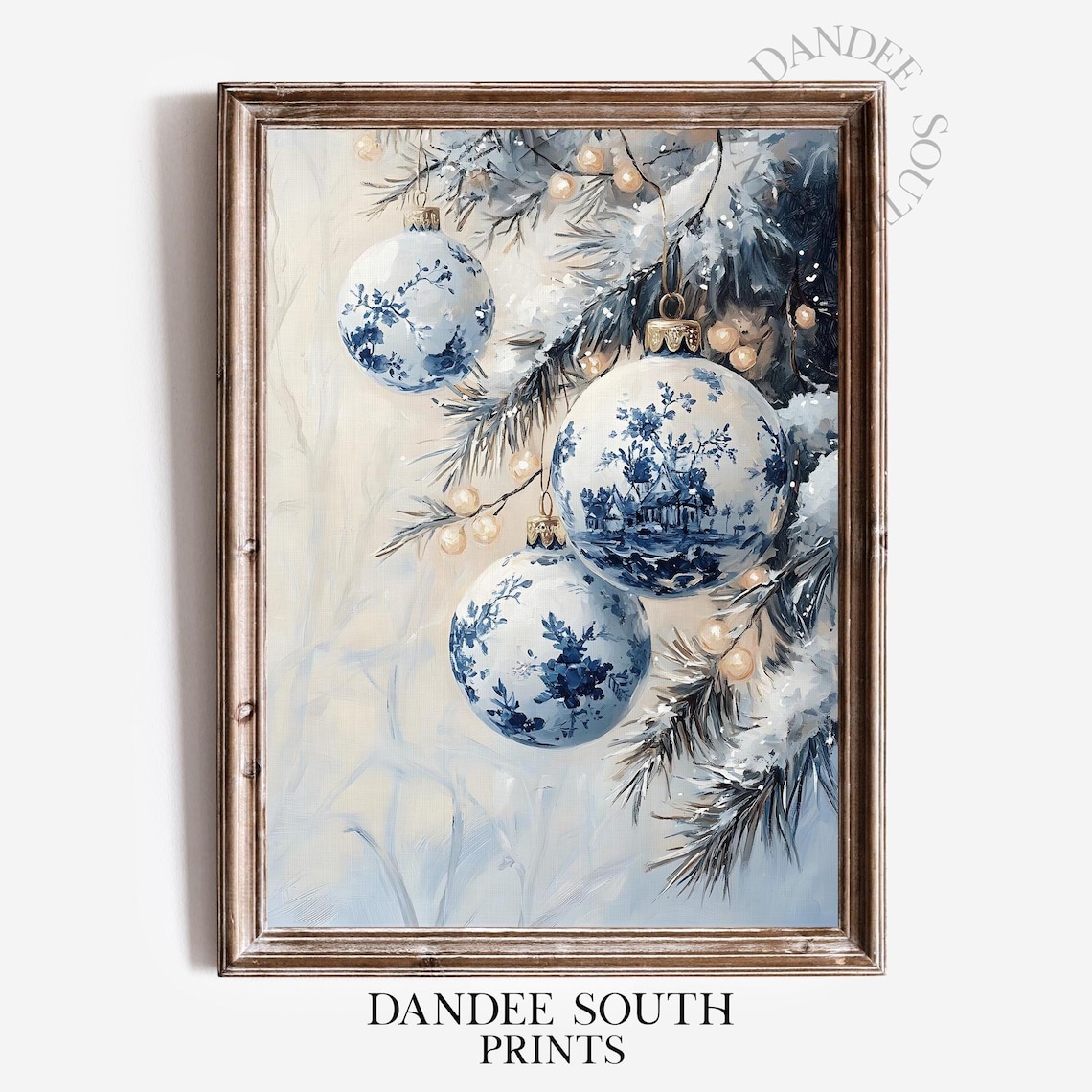 Blue Toile Christmas Ornaments, Chinoiserie Holiday Art Print