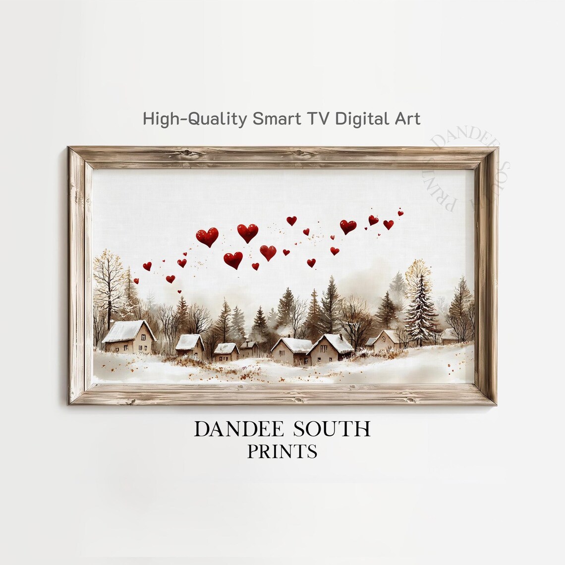Valentine Red Hearts Floating Snowy Winter Village Art Poster