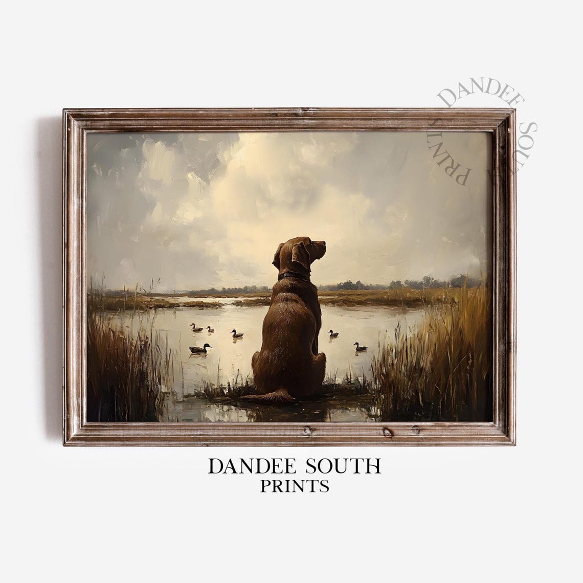 Chocolate Labrador Watching Ducks in Marsh Vintage Dog Wall Art