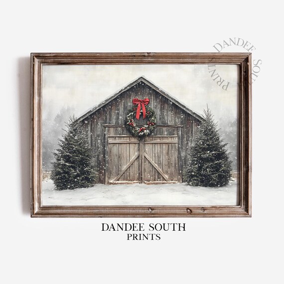 Rustic Barn Christmas Wreath Snowy Evergreens Farmhouse Holiday Poster