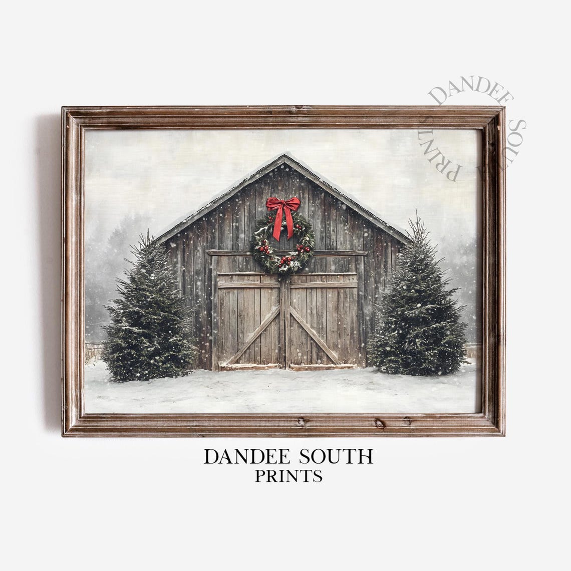 Rustic Barn Christmas Wreath Snowy Evergreens Farmhouse Holiday Poster