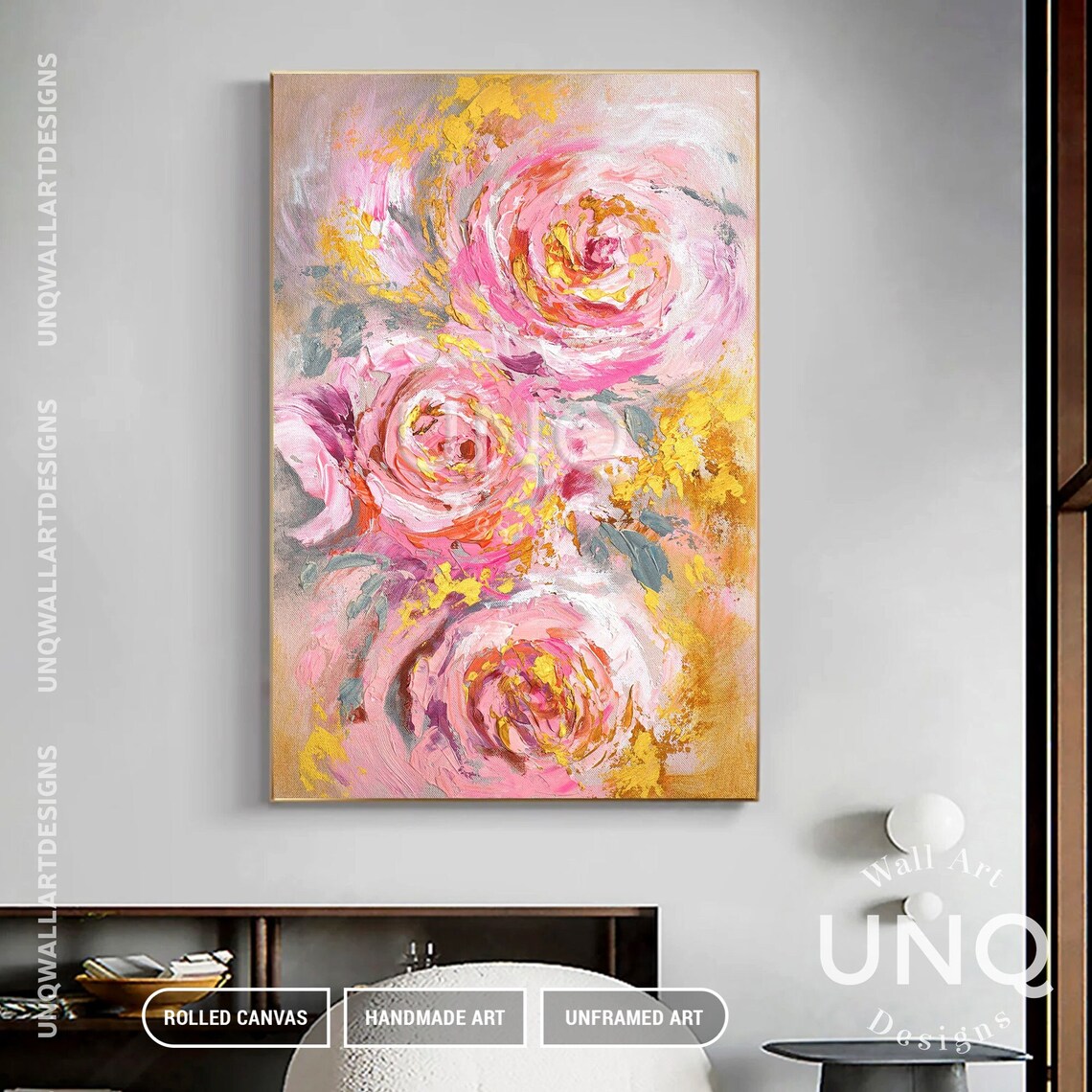 Pink Rose Trio Abstract Oil Painting Gold Floral Romantic Decor Poster - Image 6