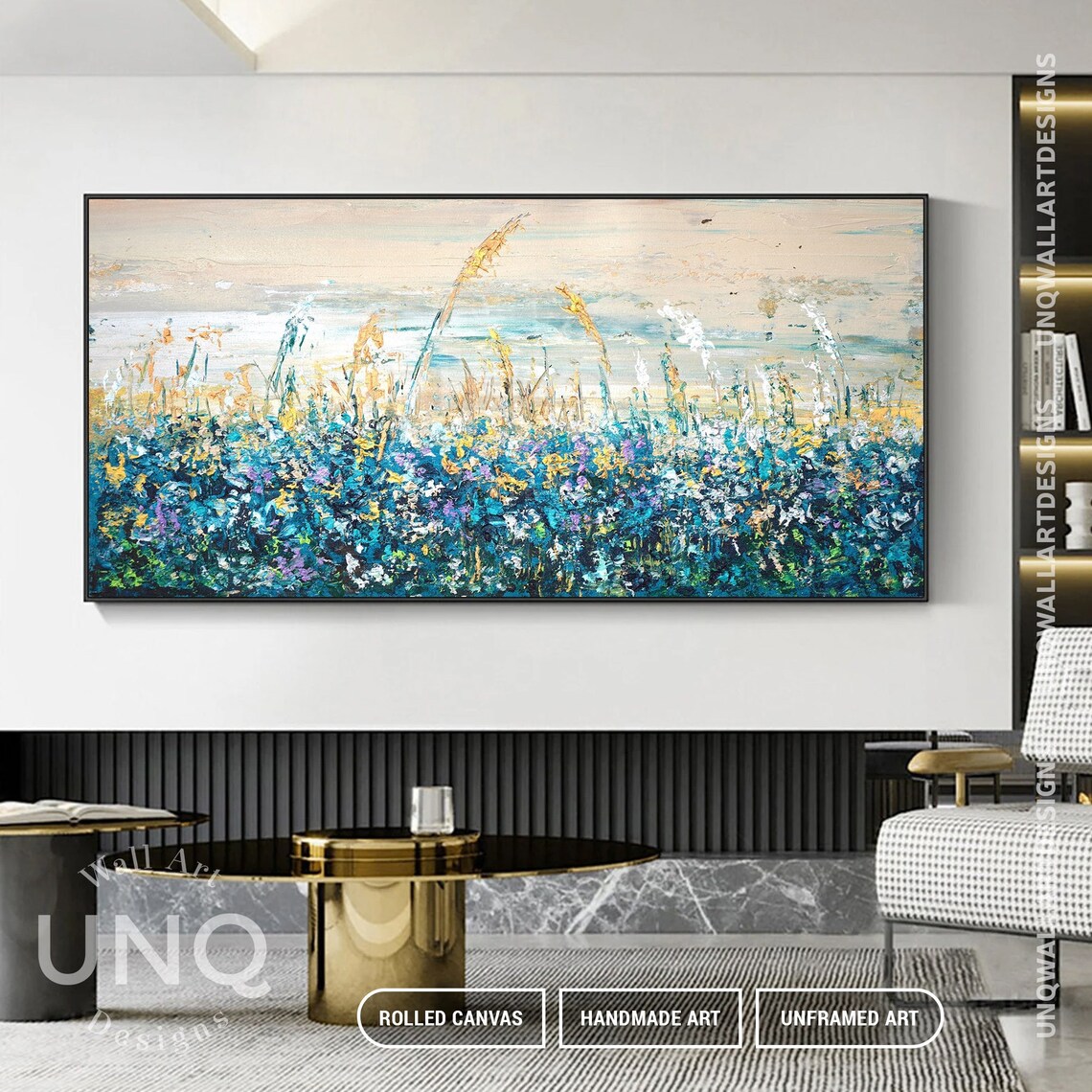 Blue Lavender Wildflower Meadow Oil Painting Golden Grass Field Poster - Image 4