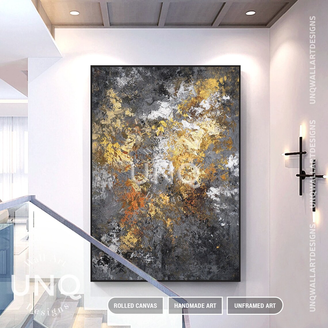 Gold Foil Original Wall Art Abstract Painting Gray Black Gold Original Palette Knife Painting Hand Painted Textured Abstract Wall Decor - Image 5