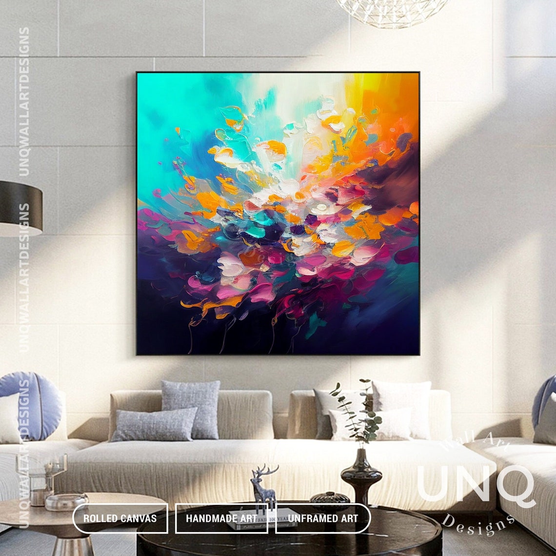 Colorful Abstract Floral Burst Explosion Oil Painting Turquoise Poster