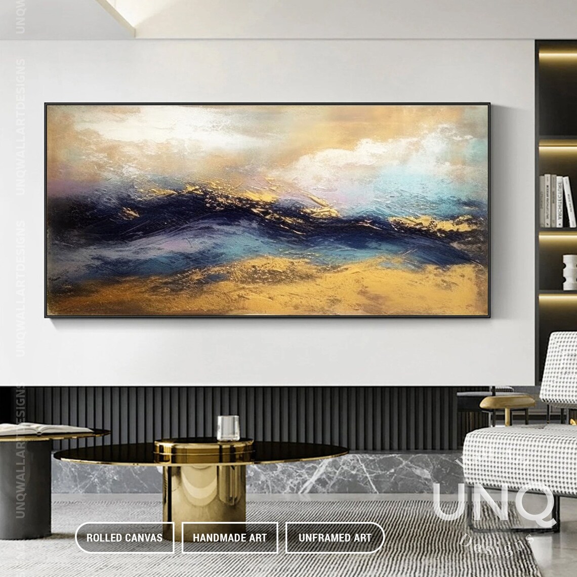 Gold Blue Wave Art Print, Modern Coastal Decor - Image 4