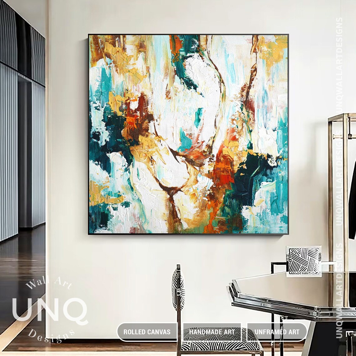 Teal White And Gold Floral Impasto Modern Abstract Oil Painting Poster - Image 2