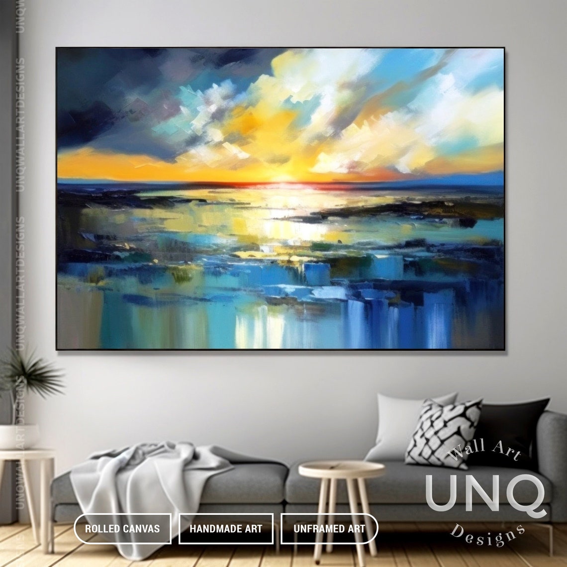 Dramatic Sunset Seascape Painting Golden Clouds Over Blue Sea Poster - Image 2