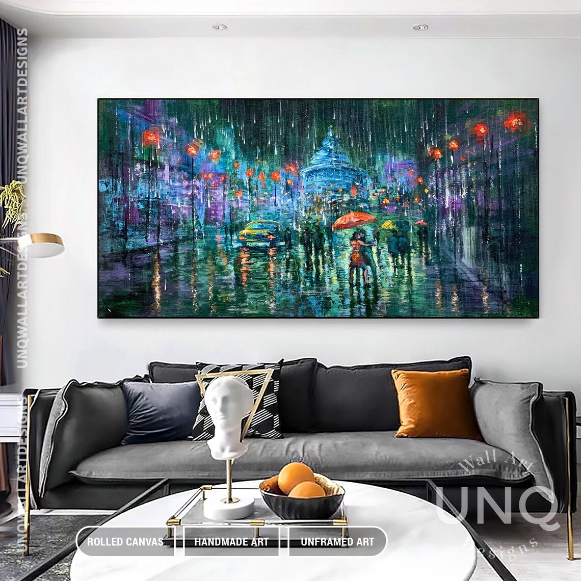Kissing Couple Cityscape Painting, Modern Living Room Art - Image 4