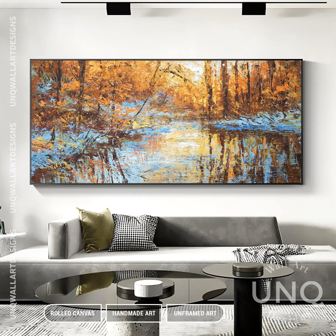 Golden Autumn Forest Lake Reflection Impressionist Painting Art Poster - Image 3