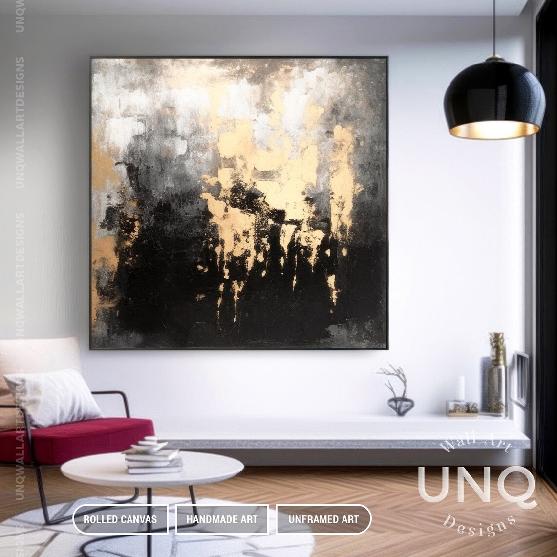 Gold Foil Abstract Art Print, Grey Black Texture - Image 3