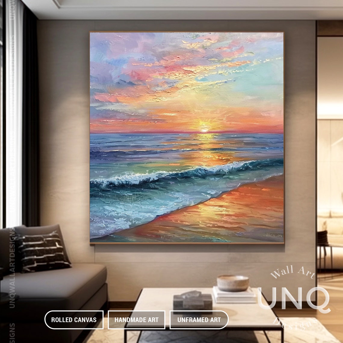Pink Orange Sunset Ocean Waves Vertical Modern Seascape Art Poster - Image 6