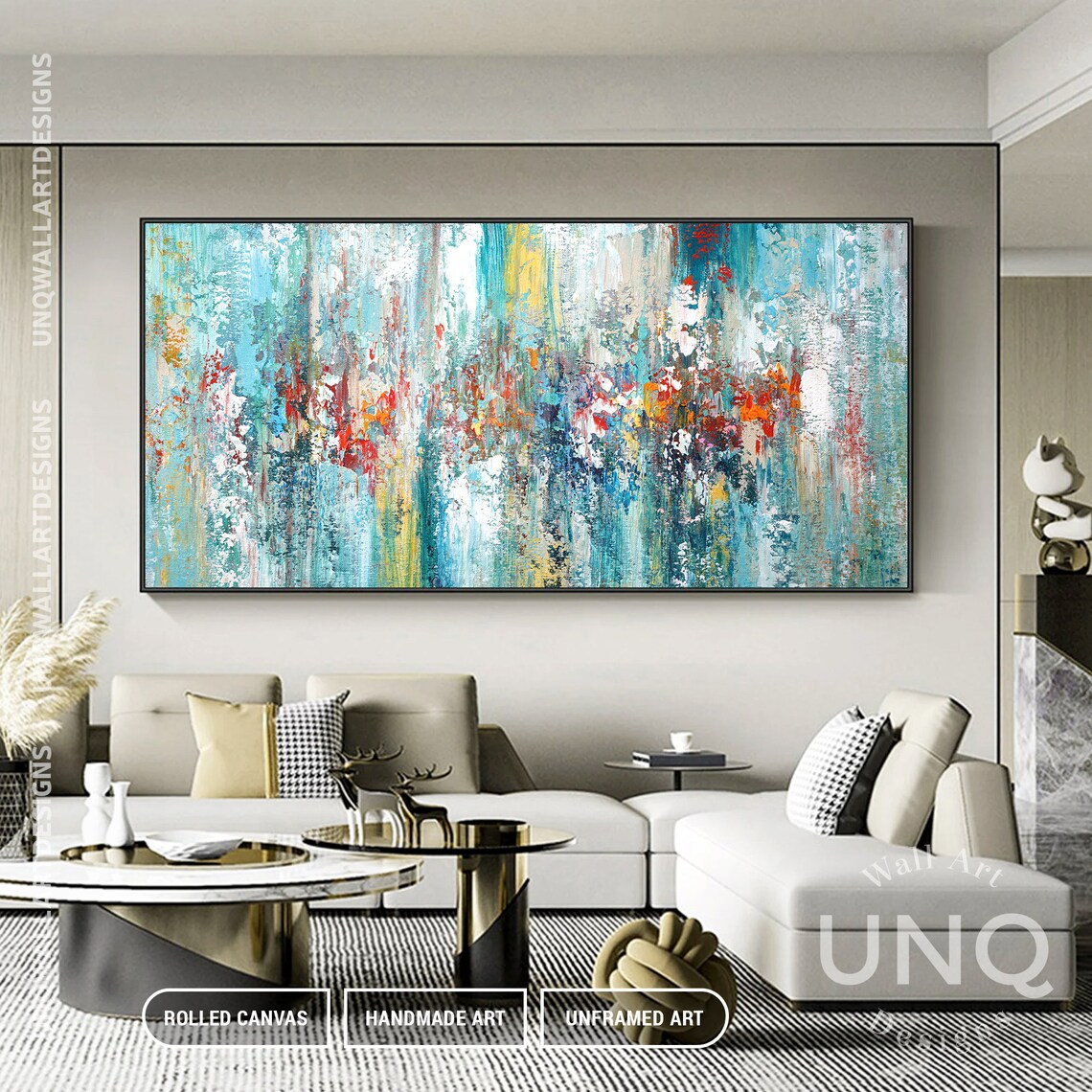 Blue and Gold Abstract Art Print, Living Room Decor - Image 3