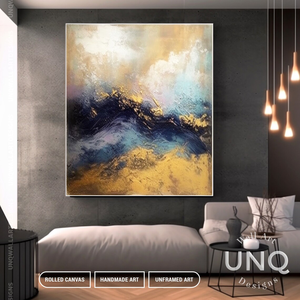 Gold Blue Wave Art Print, Modern Coastal Decor - Image 2
