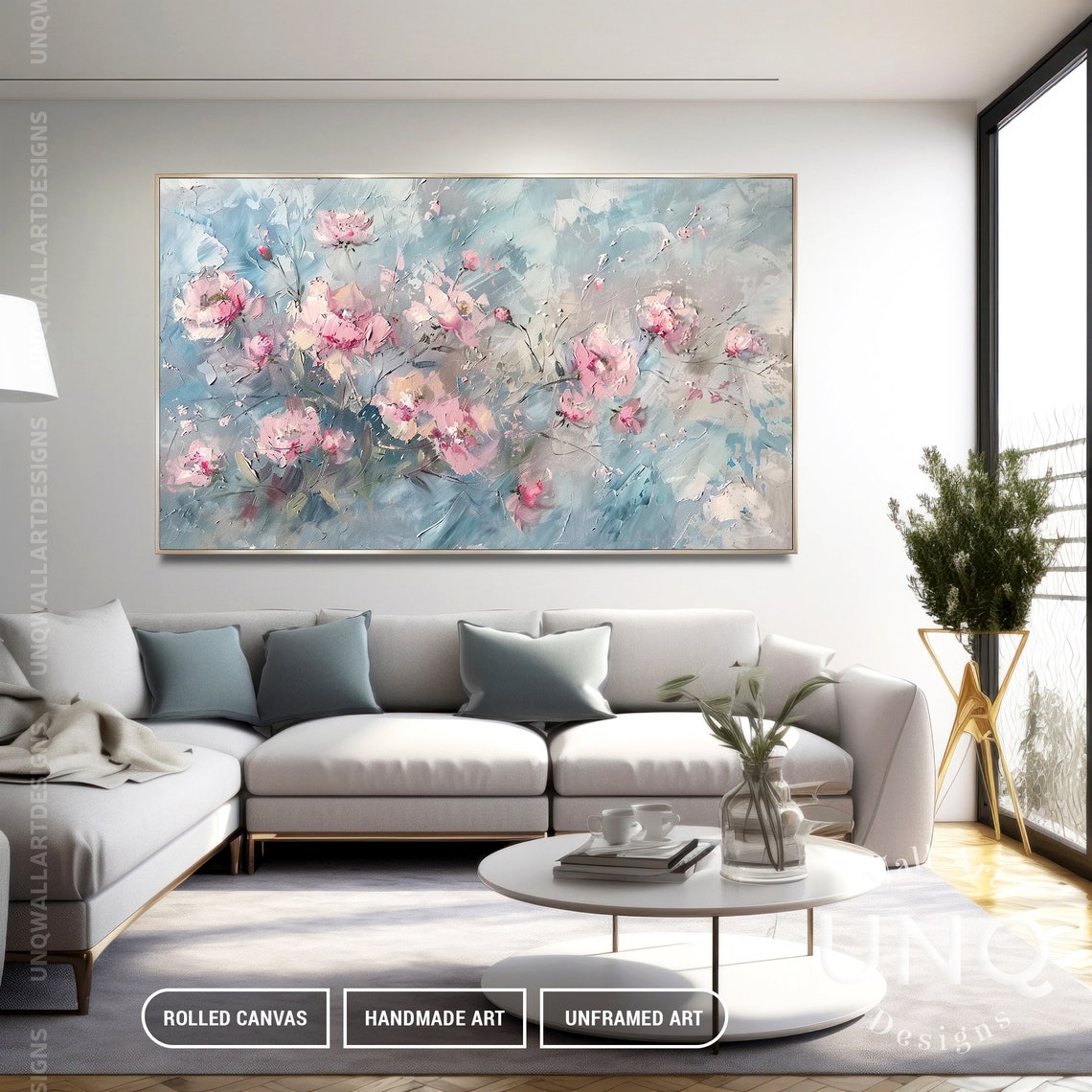 Pink Blossoms On Blue Grey Impressionist Floral Painting Art Poster - Image 7