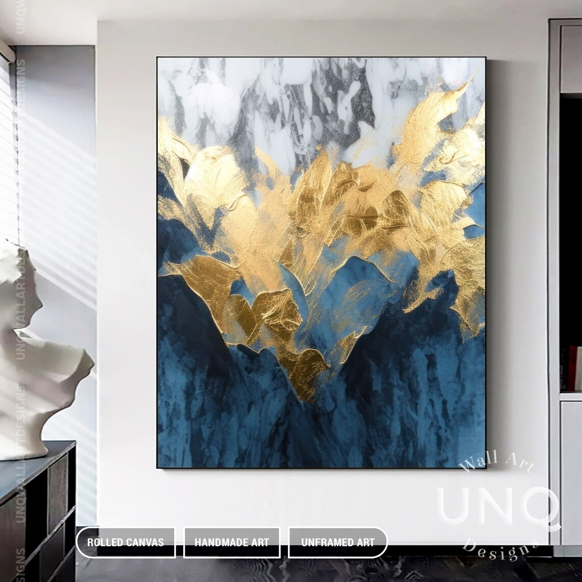 Blue Gold Leaf Abstract Art, Grey Gold Texture Print - Image 6