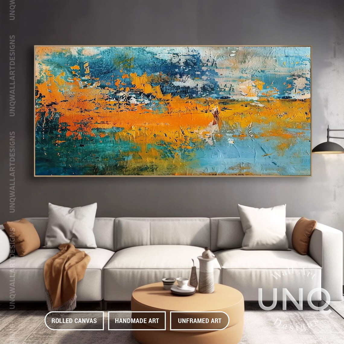 Original Hand Painted Blue Orange Wall Art Vertical Stylish Blue Decoration Gift Rustic Teal Blue Decor Idea Contemporary Wall Art - Image 4