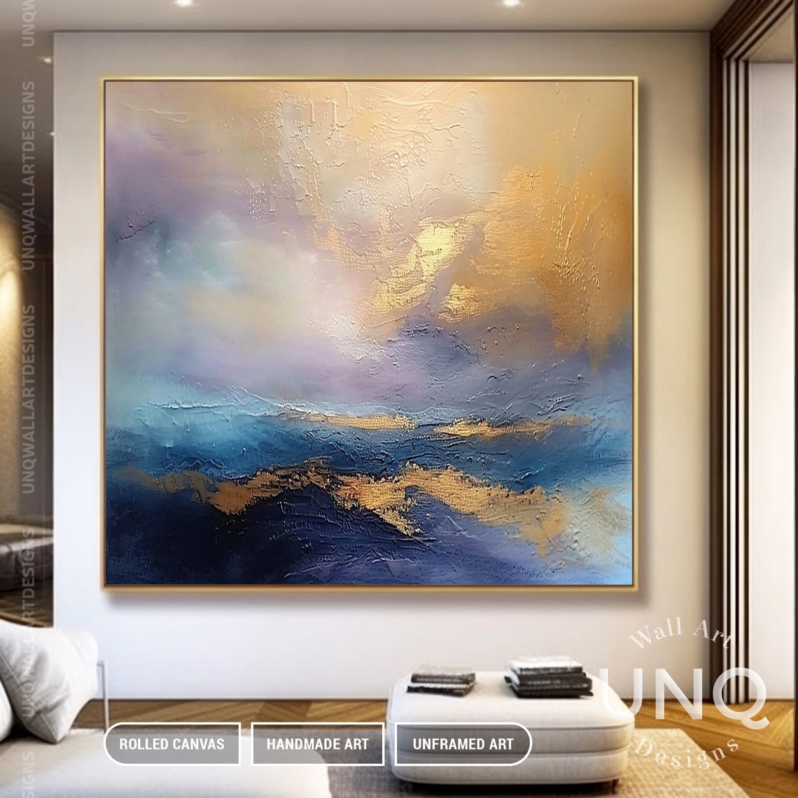 Soft Blue And Gold Ocean Clouds Dreamy Modern Abstract Art Poster